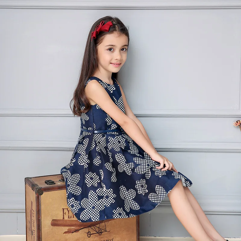 

Children's Wear New 2022 Summer Girls Dress Mazarine Jacquard Sleeveless A-line Floral Princess Dresses for Party and Wedding