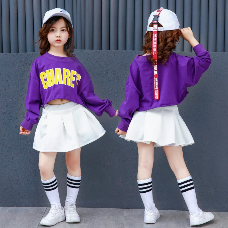 children girl hiphop costume street dance jazz purple bat swing-sleeved T-shirt skirt for Performance stage wear | Тематическая