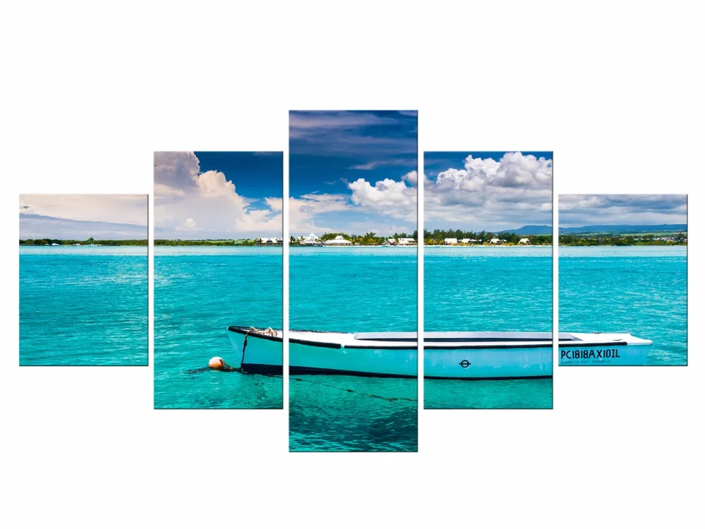 

5 Pieces Free Shipping Wall Art Canvas Prints Beach Landscape Boat Modern Wall Pictures For Living Room Home Decoration Framed
