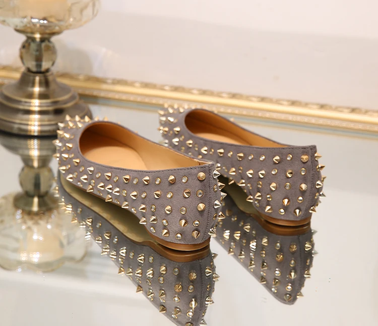 2018 Fashion rivets women flats shoes Sexy Pointed toe low heels lady party casual suede wedding motorcycle GREY 34 | Обувь