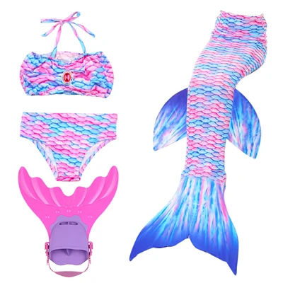 Blue Pink - Pink Fin Купальник для купания для девочек с бикини Ариэль хвост русалки для купания купальный костюм с плавниками для детей Русалка и нож для подводной охоты - Цвет: Blue Pink - Pink Fin