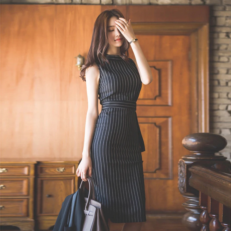 Оптовая продажа рукавов Женская летняя обувь платье в полоску с круглым вырезом