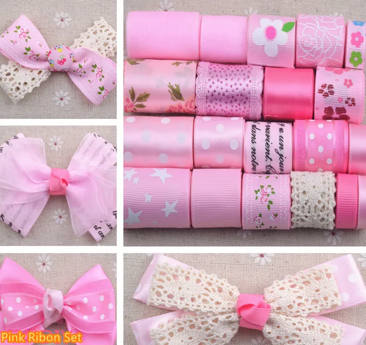 Модная детская DIY hairbow ручной аксессуар розовый Grosgrain ленты/сатин/хлопок кружево печатные ленты Комплект