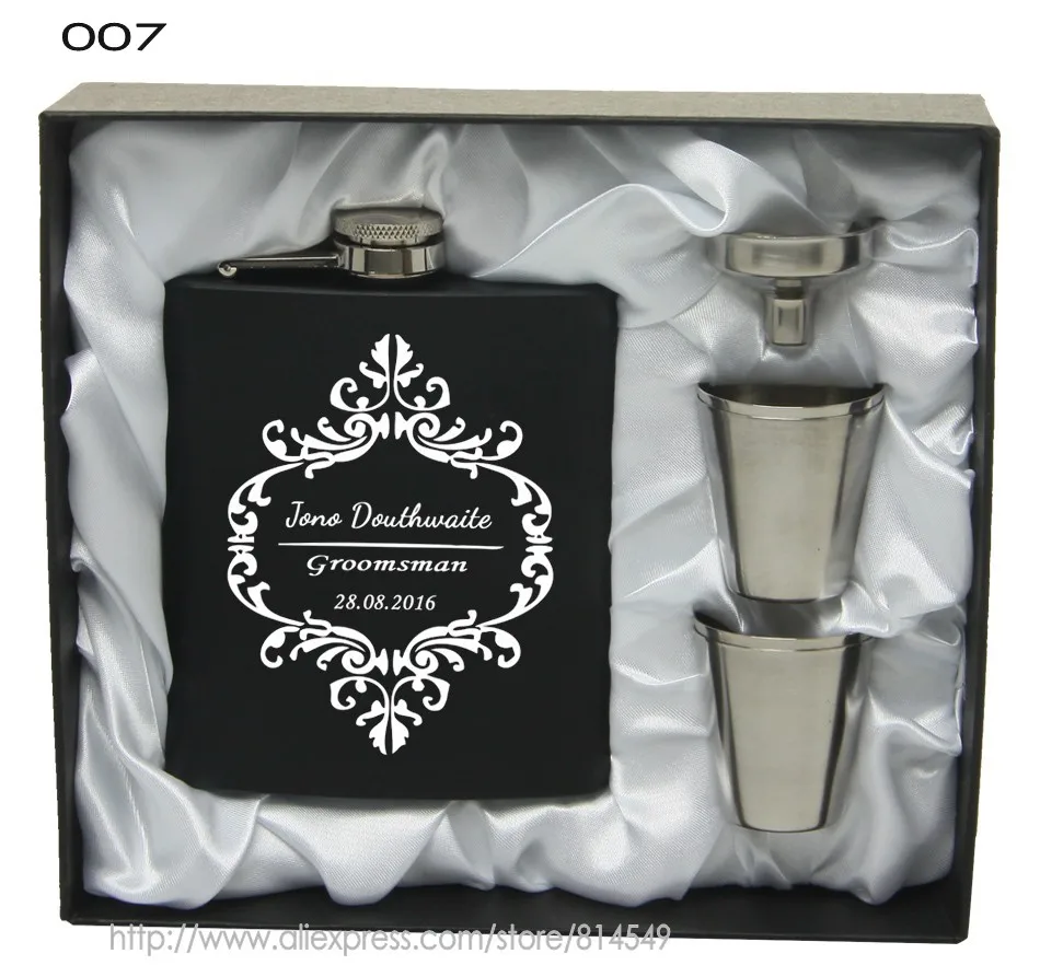 white silk box 007 Персонализированные выгравированы 6 унц. Черный Нержавеющая сталь набор фляжка подарок мужчине для свадьбы, дружки подарок, подарок на день рождения - Цвет: white silk box 007