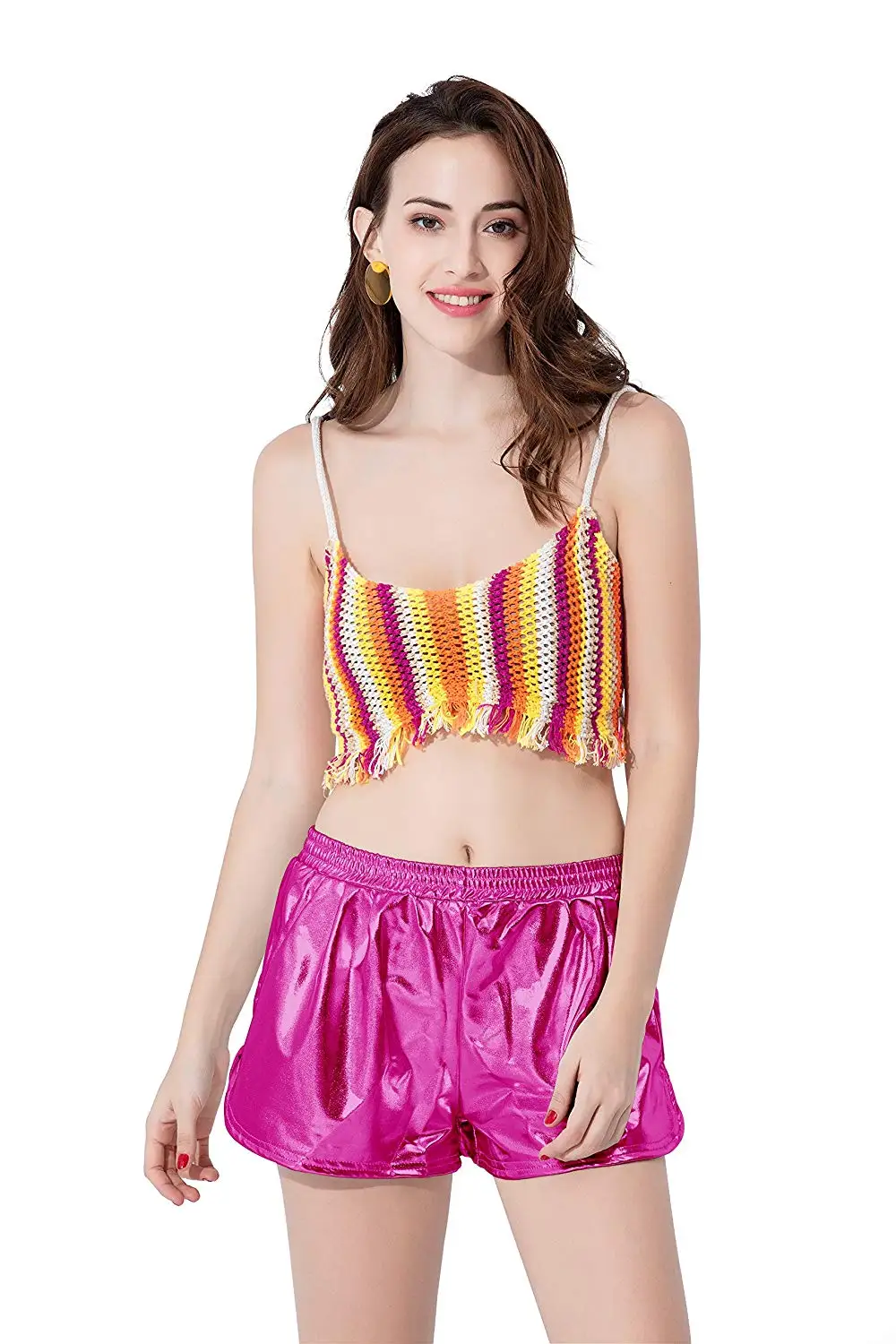 ICOSTUMES Womens Casual Shiny Metallic Elastic Waist Loose Shorts with Pockets