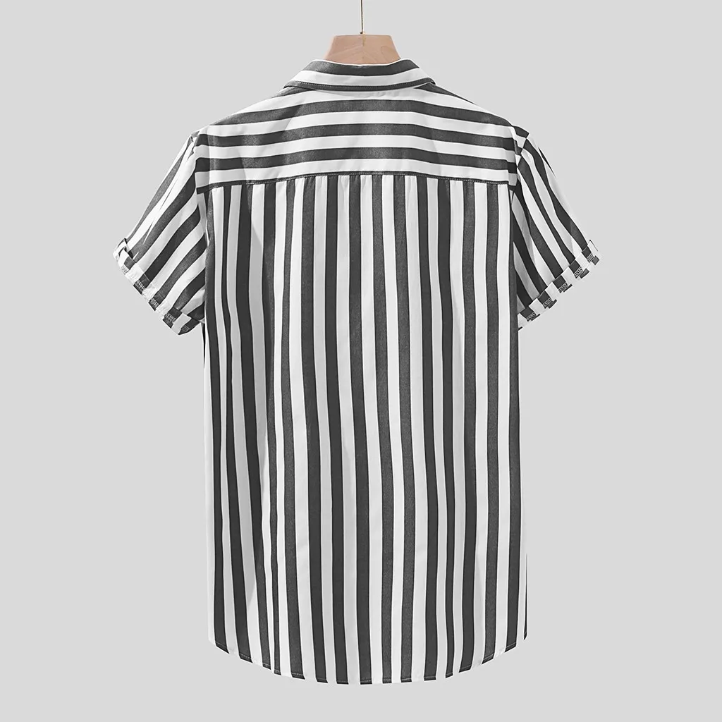 Летняя мужская рубашка chemise, свободные рубашки с короткими рукавами, полосатая Льняная блуза с принтом и карманами, Мужская гавайская рубашка, уличная рубашка camiseta