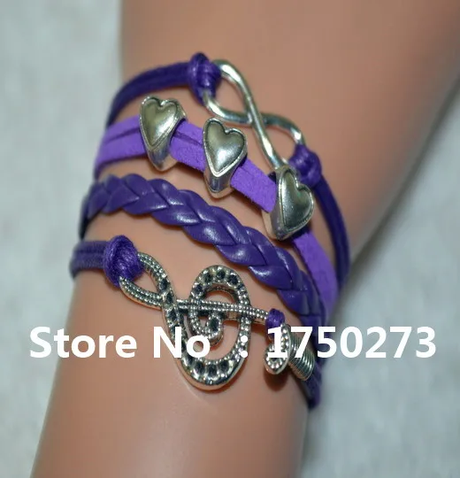 NEW DIY Infinity Fashion Purple Leather Suede Musical Heart Friendship Charm Sideway Braided Wristband Bracelet Bangles|bangle wire|bangles