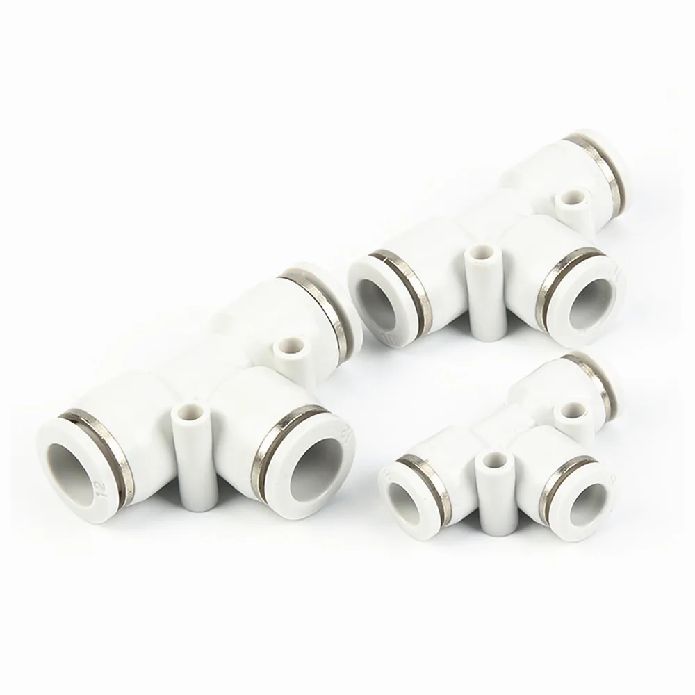 

White 3 Way T shaped Tee Pneumatic Fittings PE 4mm to 16mm OD Hose Tube Push In Air Gas Fitting Quick Connector Adapters