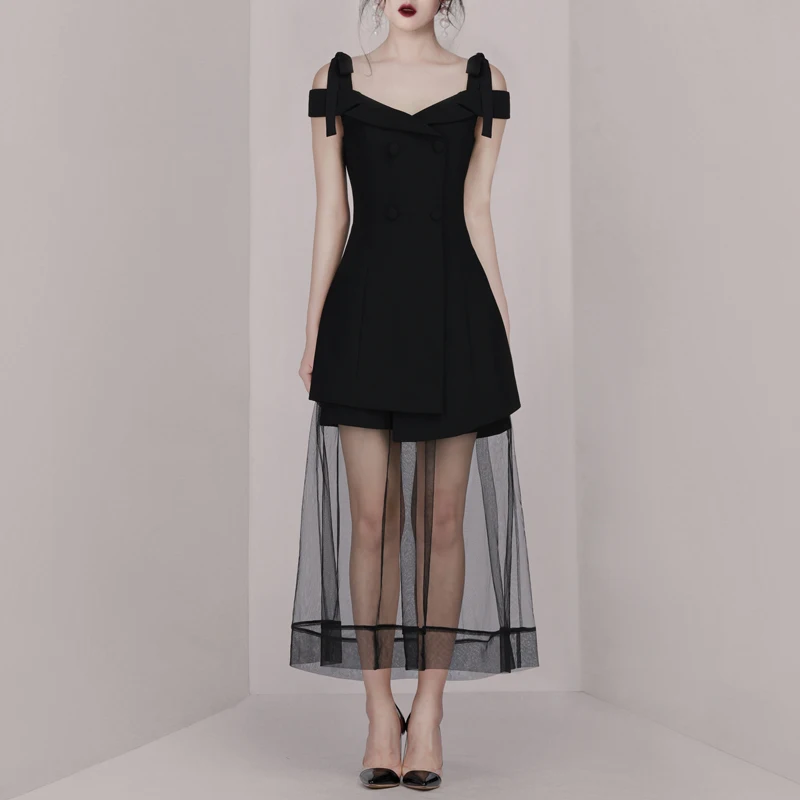 INDRESSME 2019 Новое Сетчатое платье на шнуровке с пуговицами и открытыми плечами