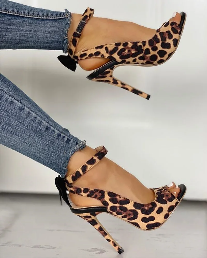 Woman Sexy Leopard Print Super Thin High Heeled Sandals Buckle Ankle Strap Peep Toe Female Sandal Pumps