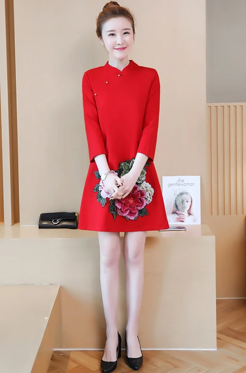 Женское платье осень Cheongsam Qipao женское восточное платье размера плюс Красное Ретро Новогоднее платье Элегантное китайское платье TA1599