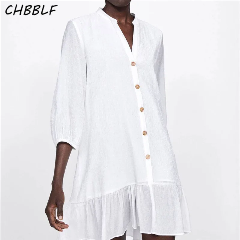 CHBBLF women white V neck dress buttons design three quarter sleeve female casual ruffles dresses vestidos NJN1328 | Женская одежда
