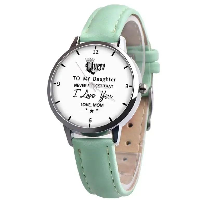 Queen Green Модные детские с буквенным принтом Круглый циферблат Кварцевые Часы повседневные простые детские PU Кожаный ремешок аналог наручные часы подарок - Color: Queen Green
