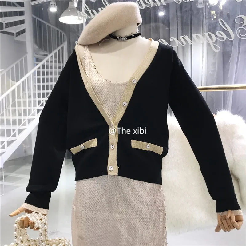 ALPHALMODA однобортный женский вязаный жакет с v-образным вырезом и длинными рукавами в золотую полоску с искусственным карманом женские изящные кардиганы