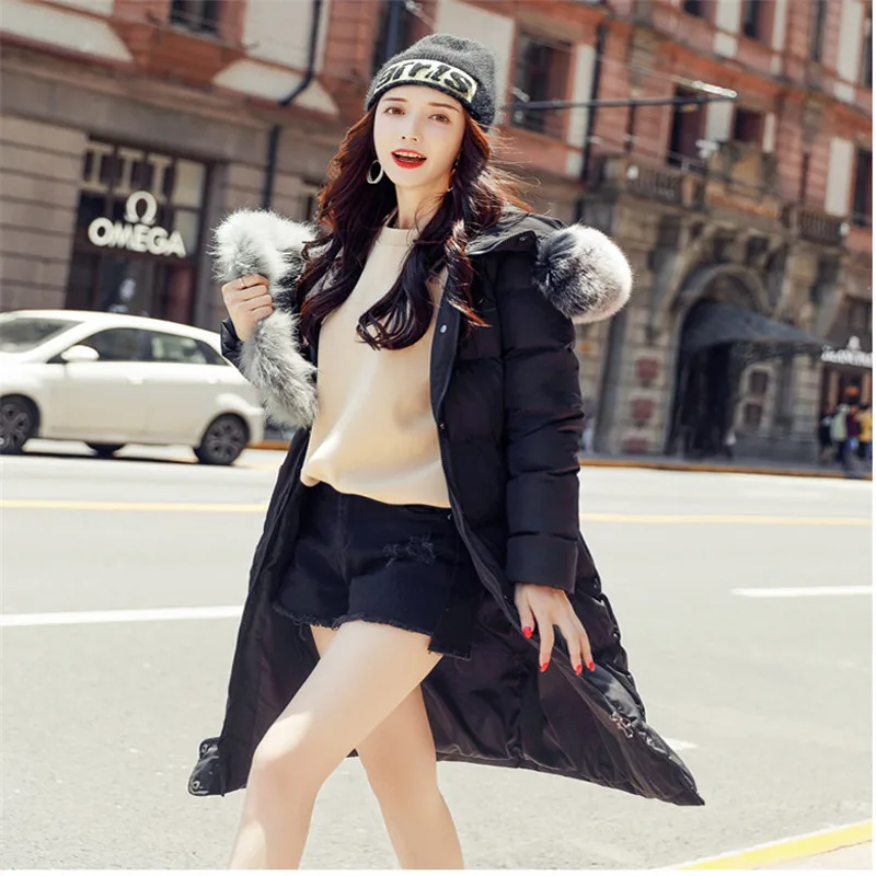 OMLESA Fox Fur Large Collar Coat 2018 Winter New Women's Down Jacket Thickening Long Hooded Over The Knee Tide Outer SX13 | Женская
