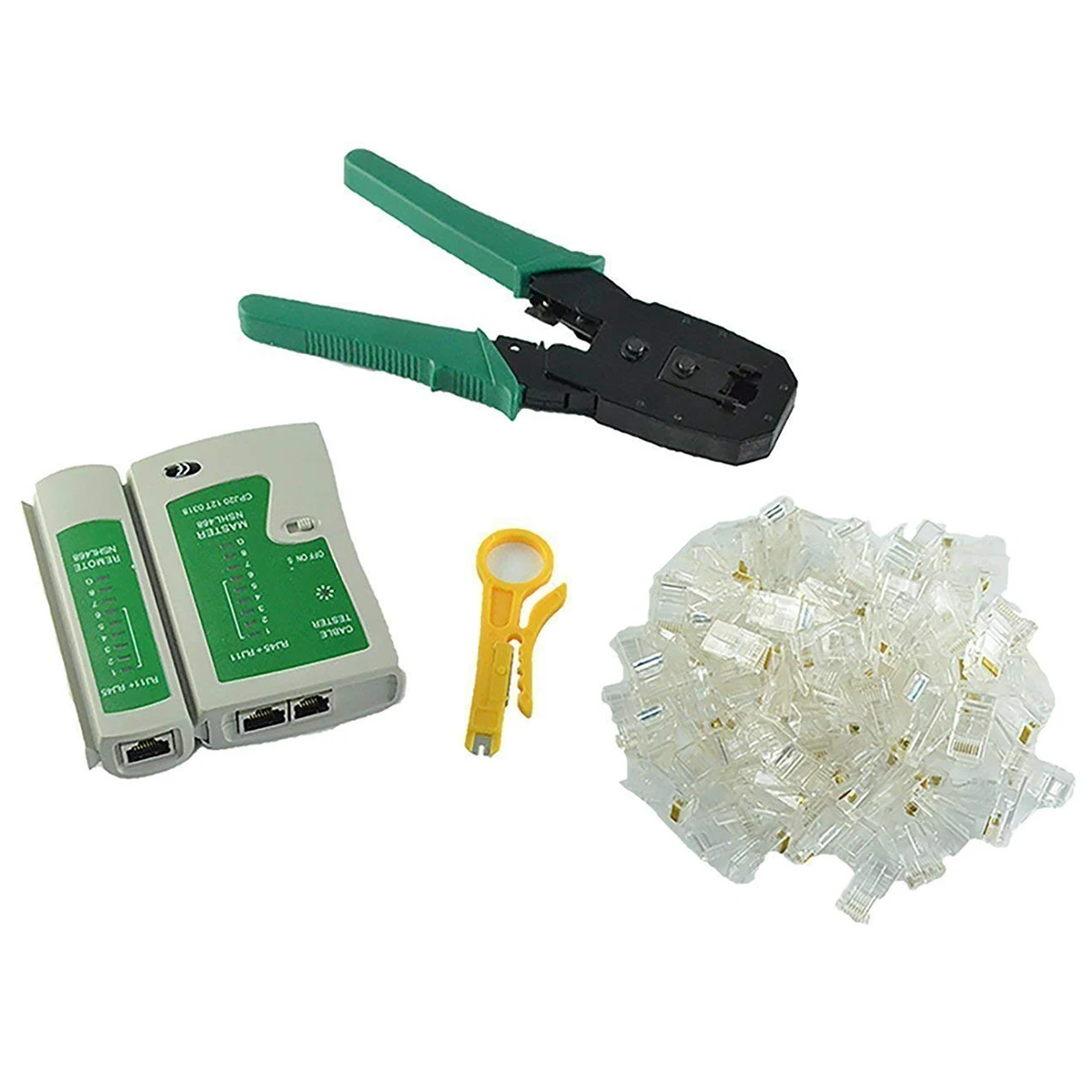 

Network Ethernet LAN Kit 4 in 1 Cable Tester +Crimping Plier Crimper + Wire Stripper +100x Rj45 Cat5 Cat5e Connector Plug Netw