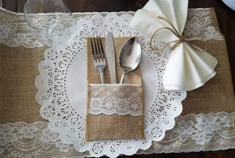Burlap кружево Hessian настольная дорожка (12x108 дюймов) с 10 шт. натуральный столовое