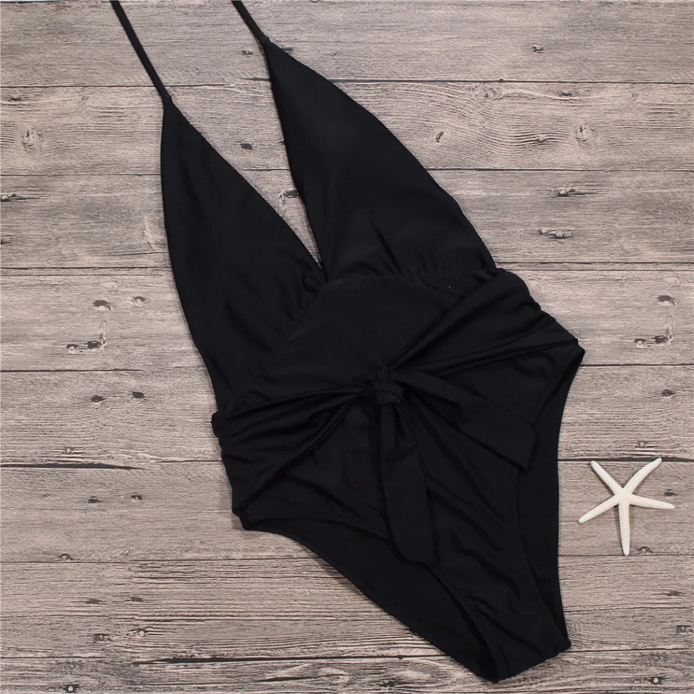 2018 New Sexy Solid One Piece Swimsuit Women Swimwear Beach Bodysuit Bandage Cut Out Wear Bathing Suit plus size | Спорт и
