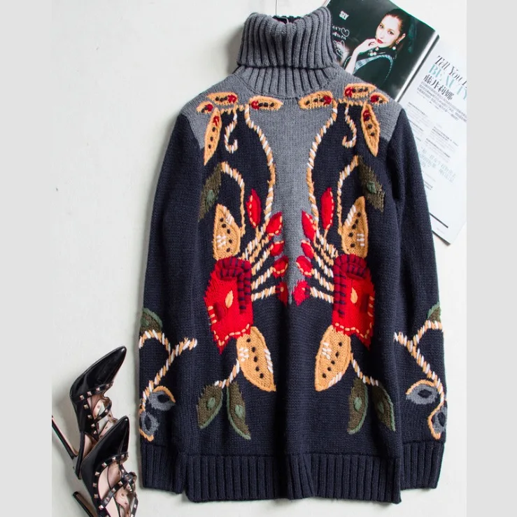 Женский Длинный пуловер модельный свитер с высоким воротником цветочной