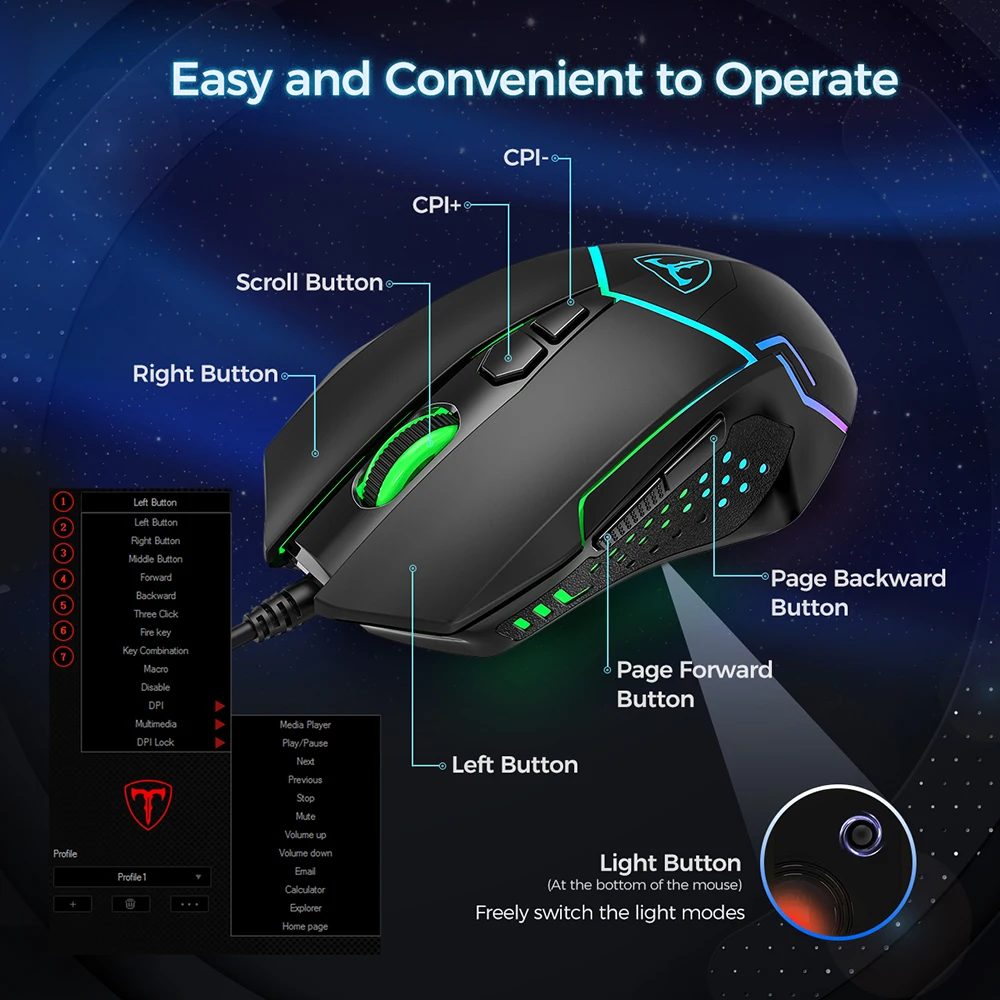 VicTsing PC233 игровая мышь Проводная 7200 dpi Регулируемая 7 программируемых кнопок RGB Backli