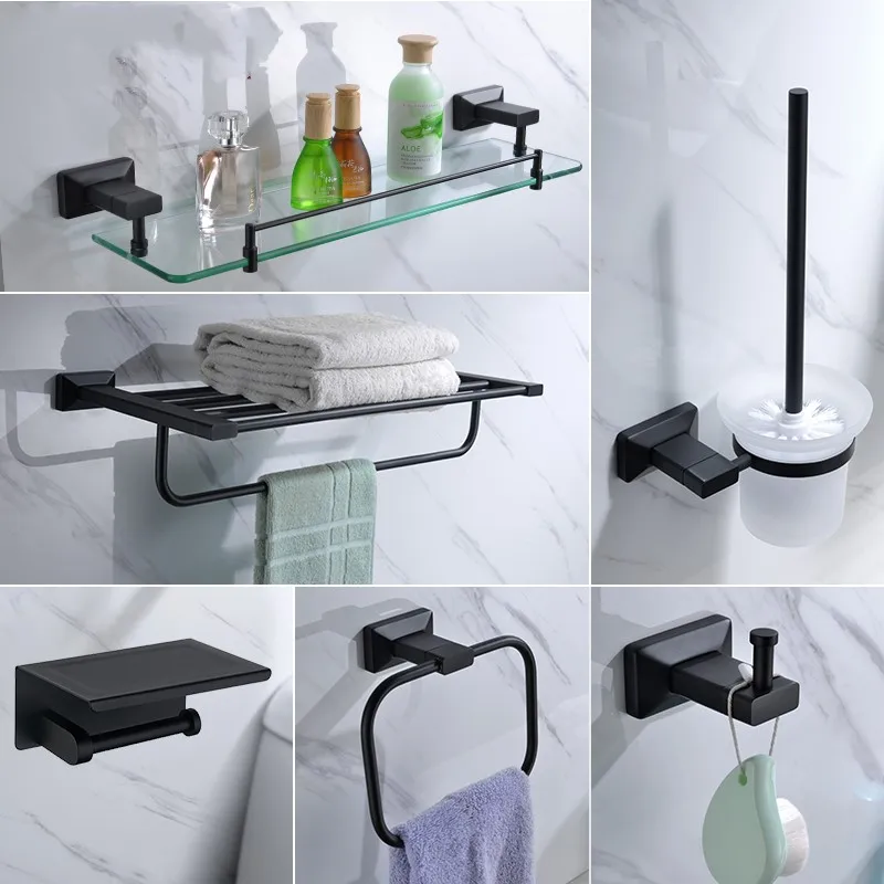 Новейший матовый черный латунный набор аксессуаров для ванной комнаты из 6