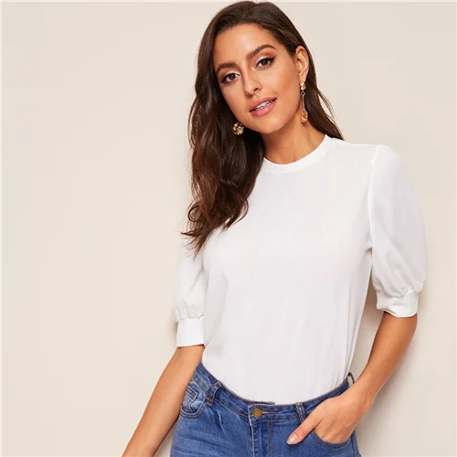 SHEIN Повседневный Топ С Оригинальным Рукавом Стильная Офисная Блузка С Коротким Рукавом - Цвет: Белый