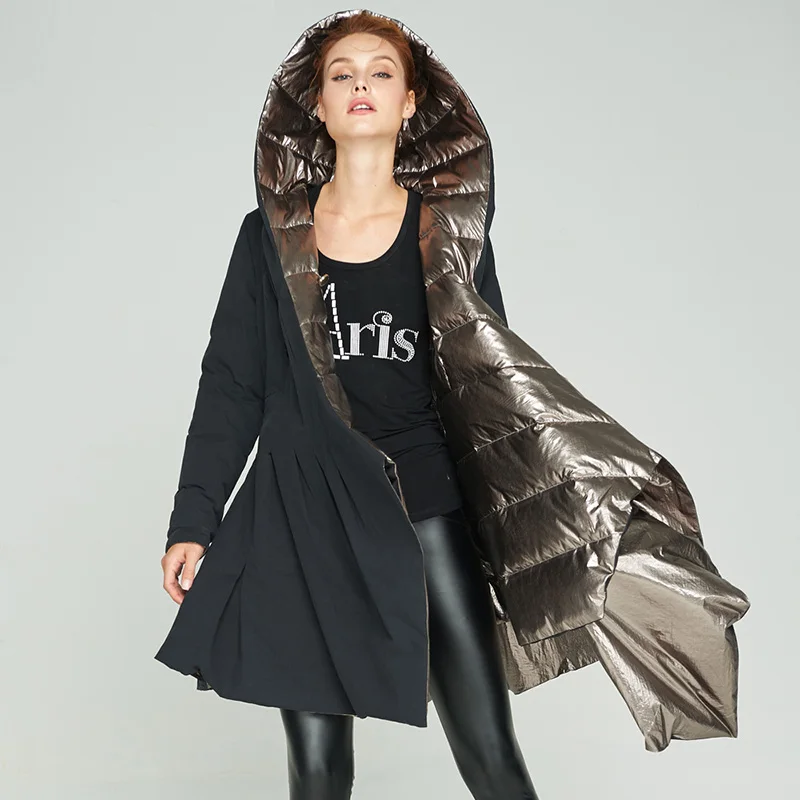 Женский пуховик с капюшоном FYYIYI повседневная куртка двусторонней подкладкой в