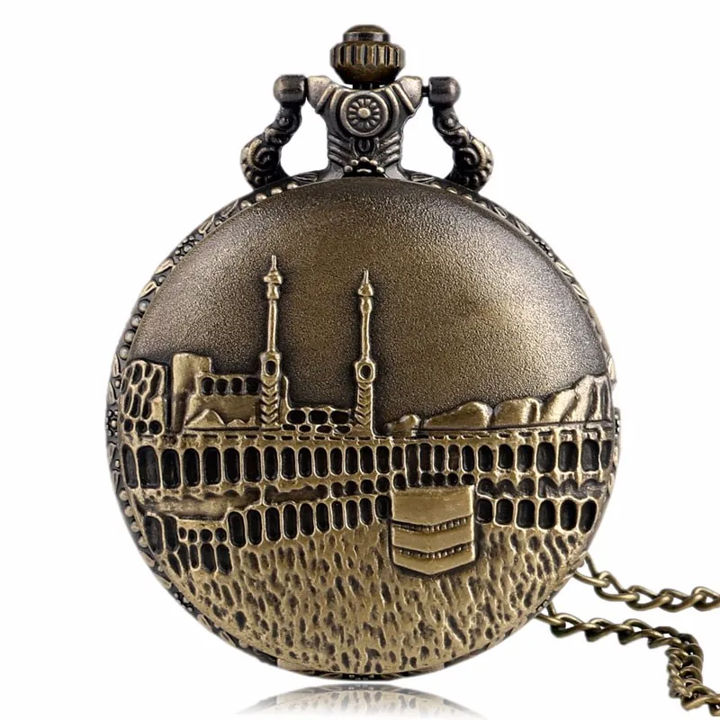 Retro Full Hunter Bronze Casual Necklace Quartz Men Pocket Watch Castle Pendant Copper Fans Gift for pocket watch Male Clock