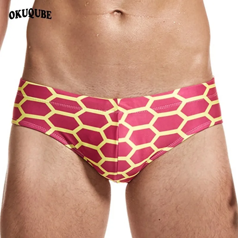 Плавательные мужские трусы с низкой талией принтом синий красный зеленый черный