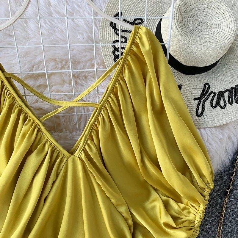 OCEANLOVE Ретро однотонные тонких пластин, покрытое Vestidos Элегантные корейские туфли-лодочки, цвета: женский с пышными рукавами платье Лето v-образный вырез миди платья 12361