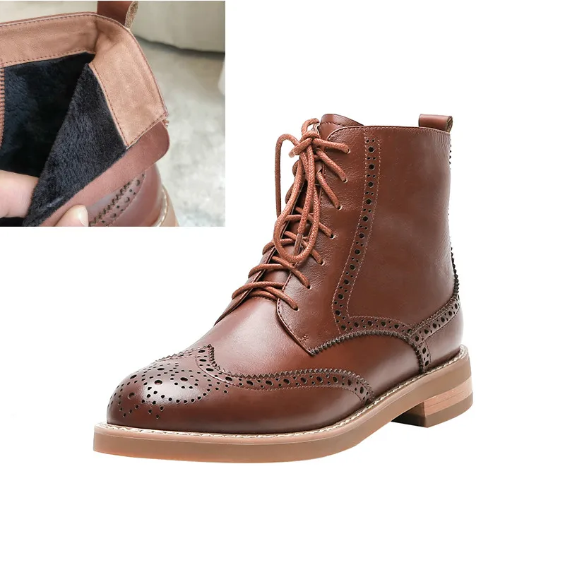 Brown Winter Кожаные броги в британском ретро-стиле; оксфорды; женские зимние ботинки; женская обувь на шнуровке и молнии; повседневная женская обувь ручной работы с круглым носком - Цвет: Brown Winter
