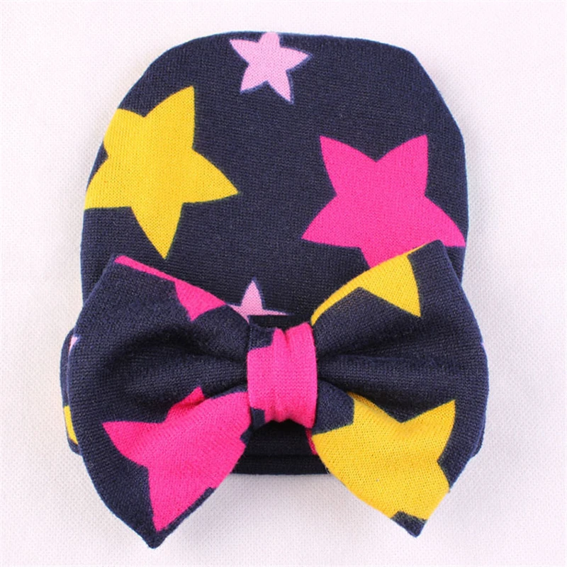 Gorro de algod&oacute;n con estampado Floral para beb&eacute;, gorro de estrella para ni&ntilde;a, gorros con lazo, accesorios para oto&ntilde;o e invierno, novedad-2
