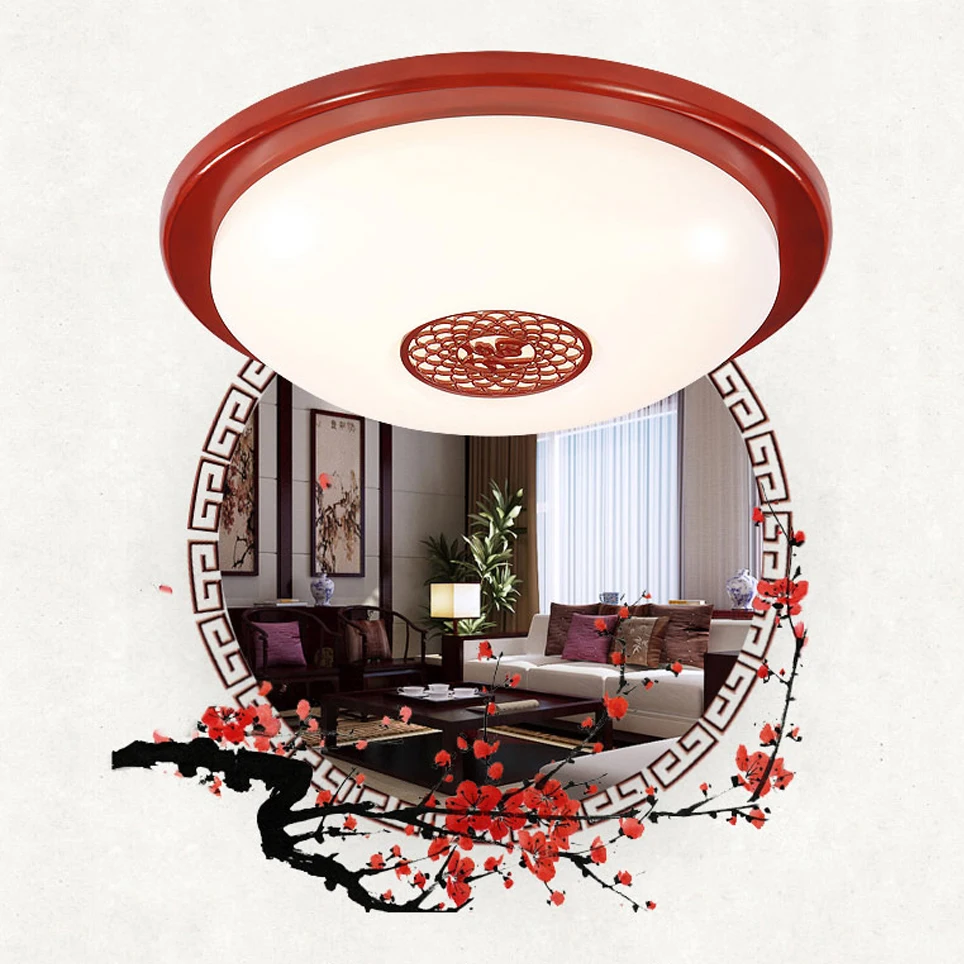 New Chinese Style Wooden Acrylic Carved LED Red Round Ceiling Light Lamp For Foyer Study Corridor Hallway Balcony Bedroom | Лампы и
