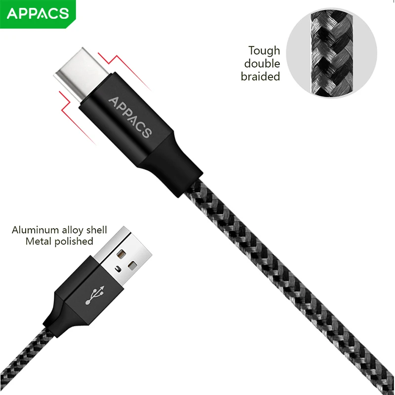 APPACS 2 шт USB Type C кабель 2.4A для быстрой зарядки Samsung S8 Huawei P10/9 Xiaomi передачи данных 1 м