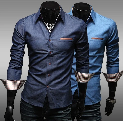 Men's fashion denim long sleeve shirt men's leather trade cotton cuff pocket washed plaid decorated male | Мужская одежда