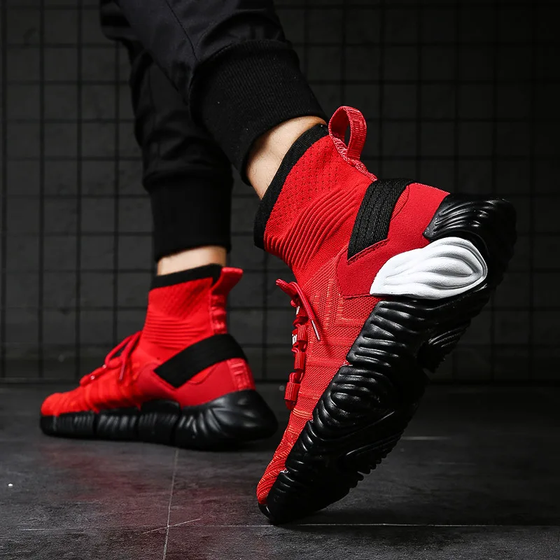 New High Top Platform Sneakers Men fly weave Stretch Sock Shoes men Dad Chunky Black red hip hop Thick Sole | Обувь