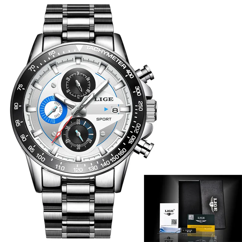 Silver blue S LIGE Модные Кварцевые спортивные часы для мужчин бизнес полный сталь мужские часы, наручные часы лучший бренд класса люкс водонепроницаемые часы Relogio Masculino - Цвет: Silver blue S