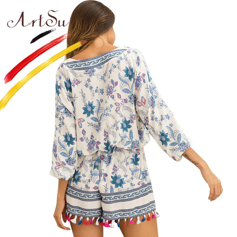 

ArtSu 2020 Summer Women Boho Tassel Vintage Floral Print Playsuit Long Sleeve Sexy V-Neck Short Beach Jumpsuit Casual Rompers
