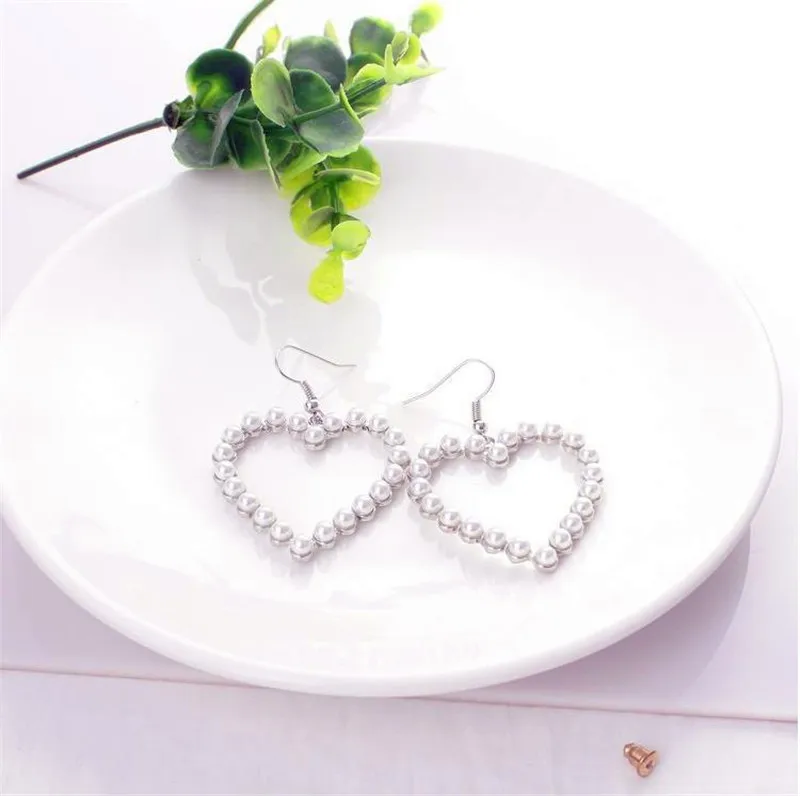 2018 Vintage Geometric Love Heart Shape Big Pearl Drop Dangle Earrings Retro Gold Silver Hang fashion women's Jewelry | Украшения и