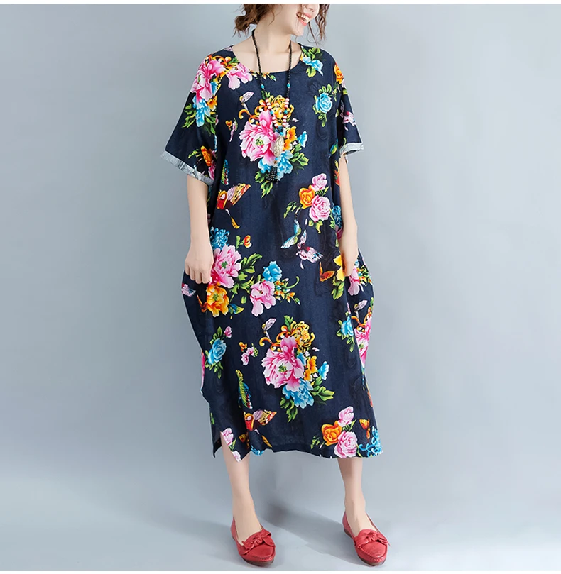 Lagenlook хлопок и лен цветочный джемпер средней длинное платье дамы 2018 Лето 4xl-6XL плюс