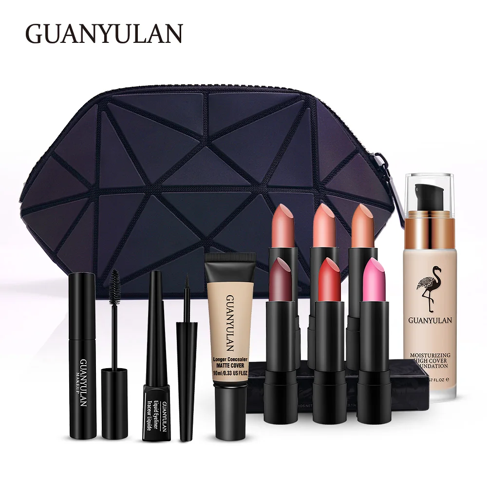 GUANYULAN 10 Pcs Pro Eye Makeup Set Cosmetics Concealer Liquid Foundation Matter Lipstick Mascara Eyeliner With Illuminate B | Красота и