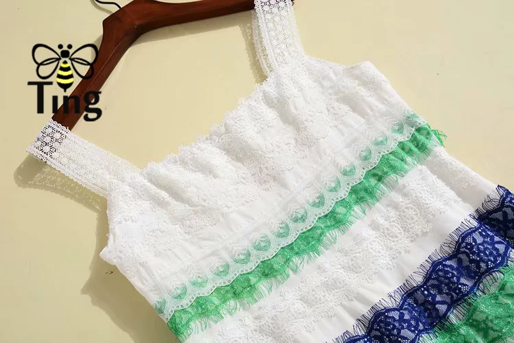 Летнее дизайнерское кружевное платье в полоску на бретелях|Женские платья| |