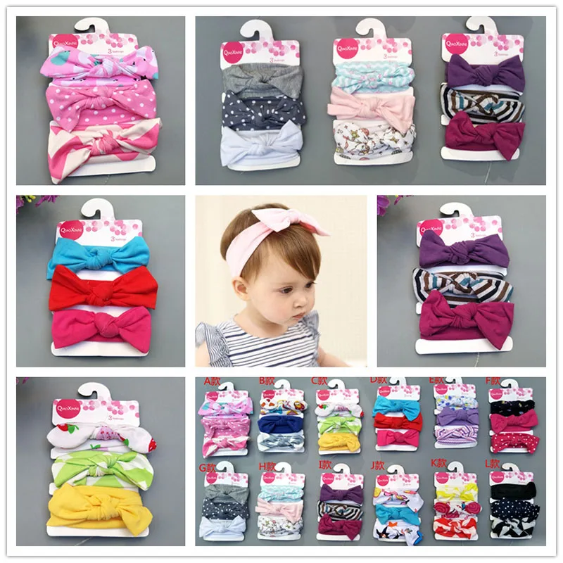 New 3PCS/Set Rabbit Ear Kids elastic hair band Girls Child Headband Cotton Dots Bowknot Flower Turban Headwear Hair Accessories |