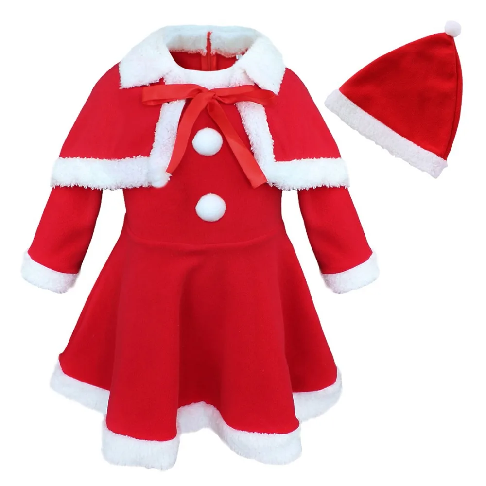 Kids Girls Christmas Dress Santa Claus Cosplay Costume Dress with Shawl Hat Outfits Christmas Costumes for Girls Kids Clothes