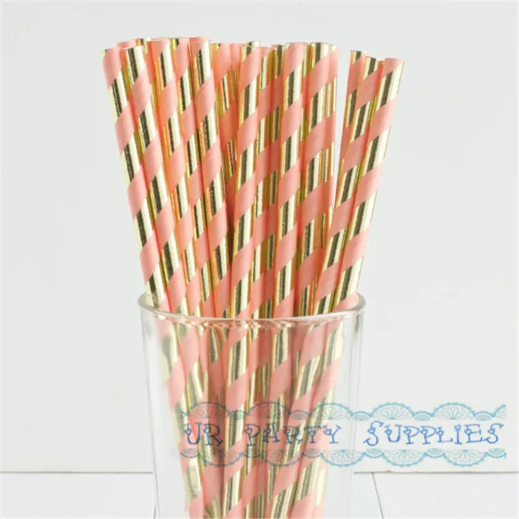 Бесплатная доставка 200 шт Золотая фольга и персиковые розовые бумажные трубочки