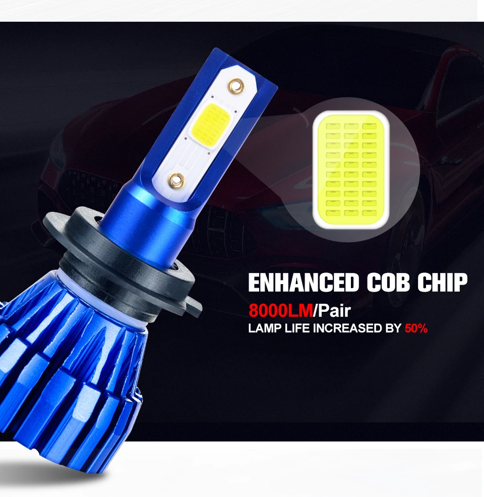 Aceersun LED H7 LED H4 Светодиодная лампа для Фар H4 8000лм H11 12 В H1 9005 9006 9012 24 В MINI H3 COB Чип 6500 К 4300 К противотуманная фара без вентилятора