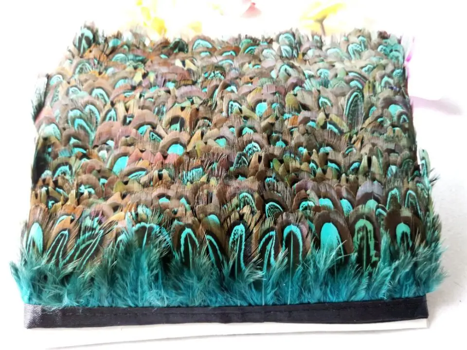 Тканевый пояс с перьями фазаны Синий тканевый длиной 10 метров ширина около 50 мм