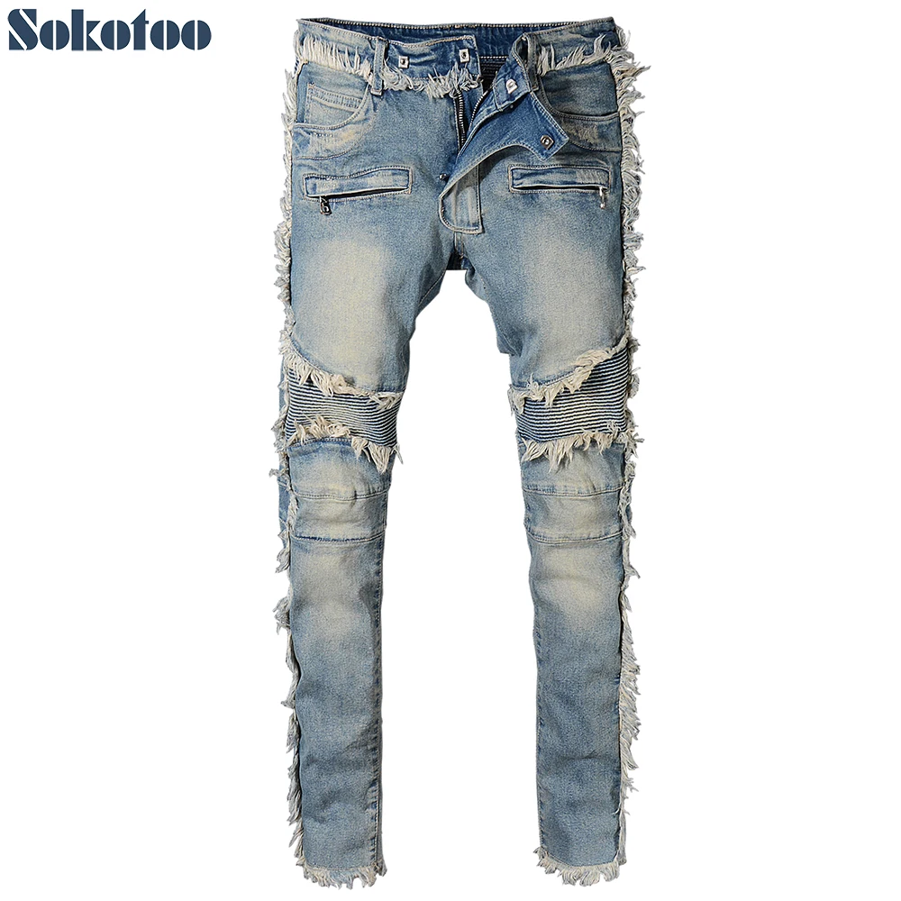 

Sokotoo Men's vintage washed denim fringe biker jeans for moto Fashion slim fit straight patchwork pants for big and tall