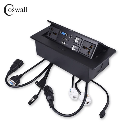Matte Black Cover COSWALL металлический корпус медленный всплывающий скрытый 2 питания универсальная розетка настольная розетка двойной CAT6 RJ45 порт+ HDMI+ USB+ VGA+ 3,5 мм аудио - Тип: Matte Black Cover
