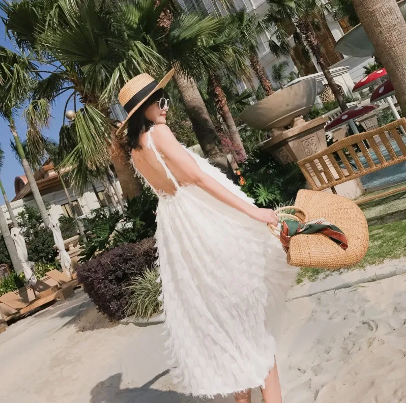 

2019 Women Dress New Fashion Summer Elegant feather Party Beach Runway Sexy Backless Spaghetti Strap Long Midi White Dress